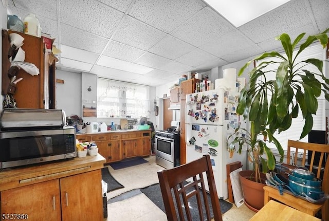 kitchen with a paneled ceiling and stainless steel appliances