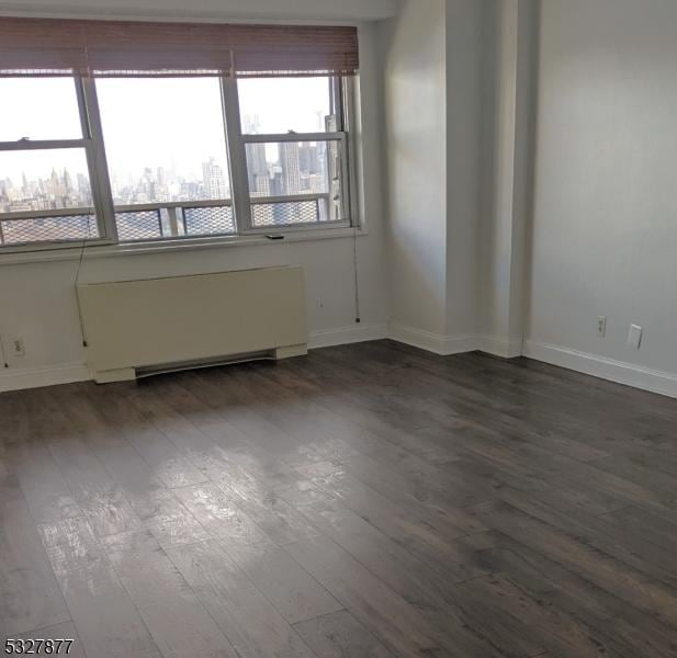 unfurnished room featuring radiator heating unit, dark hardwood / wood-style flooring, and a wealth of natural light