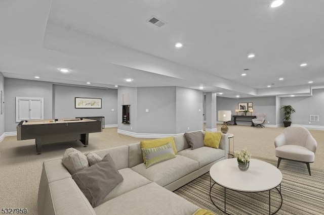 living room with light colored carpet and pool table