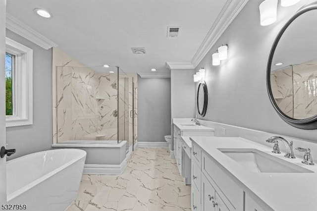 full bathroom with toilet, vanity, independent shower and bath, and ornamental molding