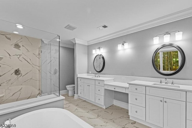 full bathroom featuring independent shower and bath, vanity, toilet, and crown molding