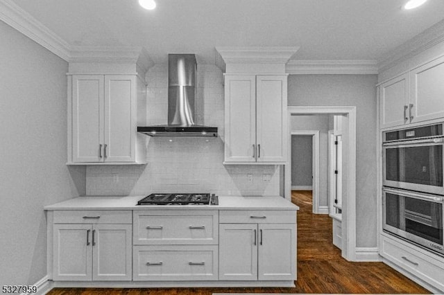 kitchen with white cabinetry, dark hardwood / wood-style floors, wall chimney range hood, and appliances with stainless steel finishes