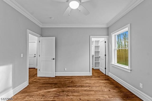 unfurnished bedroom with hardwood / wood-style floors, ceiling fan, a spacious closet, and ornamental molding