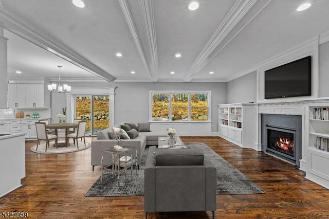 living room featuring beamed ceiling, dark hardwood / wood-style flooring, plenty of natural light, and crown molding