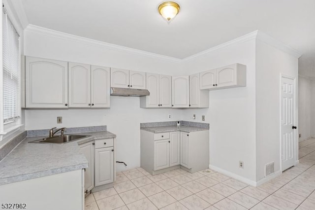 kitchen with white cabinetry, light tile patterned flooring, ornamental molding, and sink