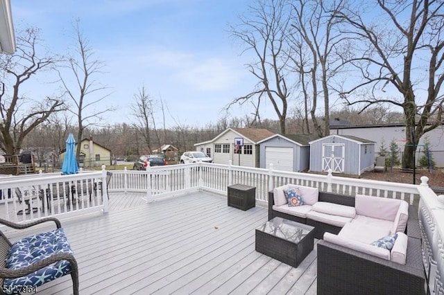 wooden terrace with an outdoor living space and a storage unit