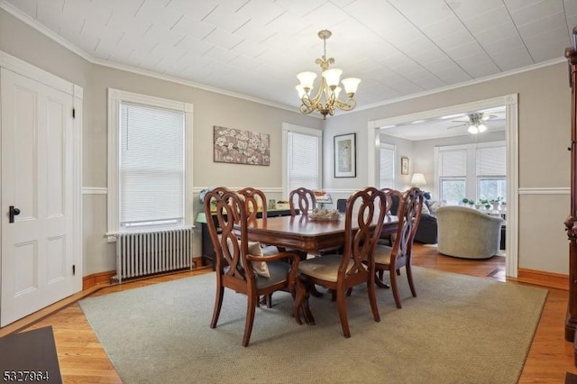 dining space featuring ceiling fan with notable chandelier, light wood-type flooring, radiator heating unit, and crown molding