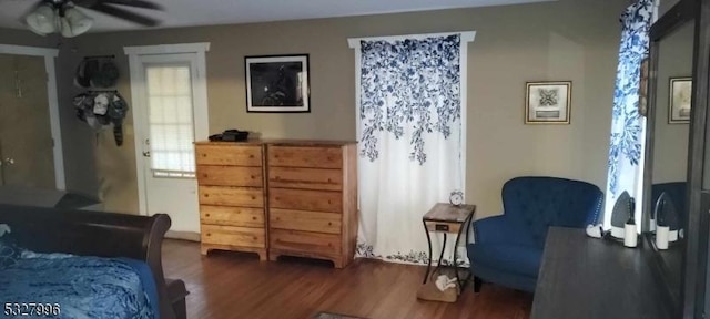 bedroom with ceiling fan and dark wood-type flooring