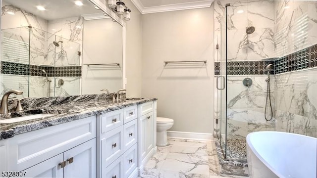 full bathroom featuring vanity, toilet, crown molding, and shower with separate bathtub