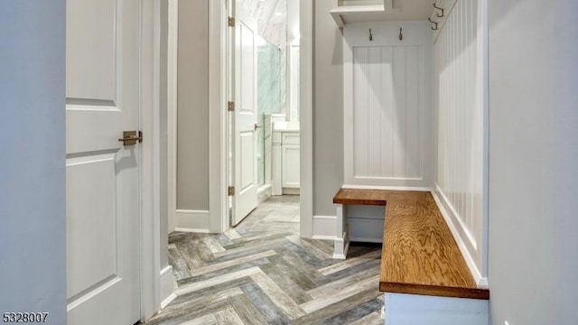 mudroom featuring light parquet floors