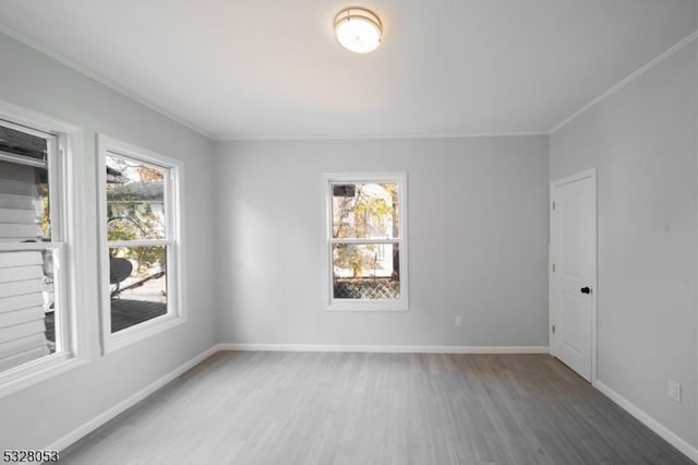 empty room with ornamental molding and dark wood-type flooring