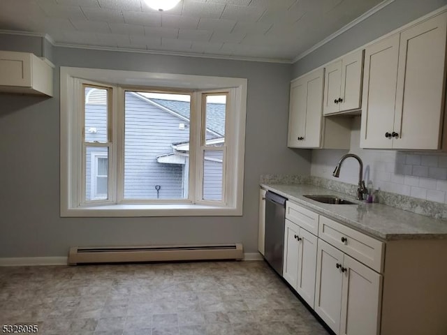 kitchen with crown molding, sink, a baseboard radiator, dishwasher, and white cabinetry