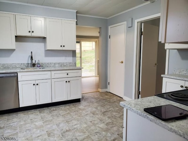 kitchen featuring light stone countertops, white cabinetry, dishwasher, sink, and ornamental molding