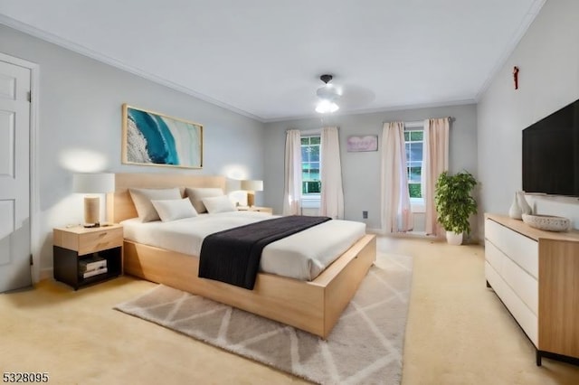 carpeted bedroom with crown molding