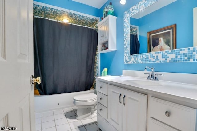 full bathroom with shower / tub combo, tile patterned flooring, toilet, vanity, and tasteful backsplash