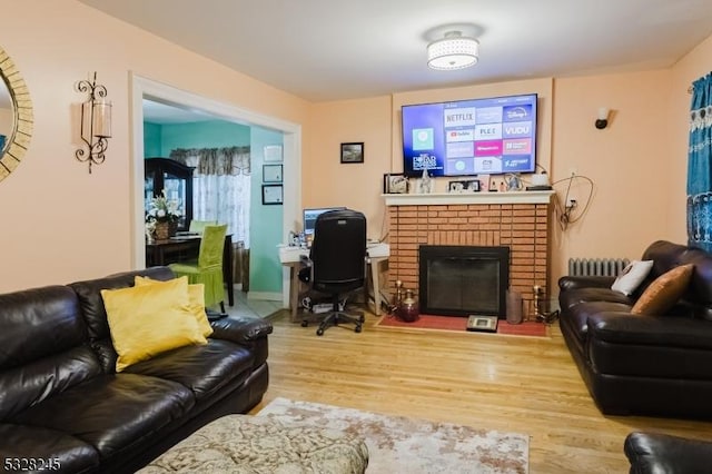 living room with a fireplace, wood-type flooring, and radiator heating unit