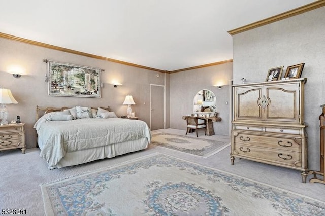 carpeted bedroom featuring ornamental molding