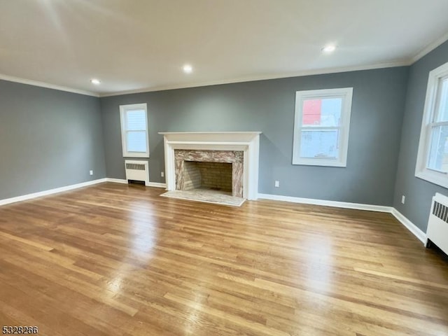 unfurnished living room with plenty of natural light, light wood-type flooring, a fireplace, and radiator