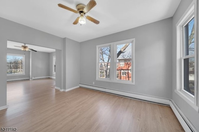 unfurnished room featuring a baseboard radiator and light wood-type flooring