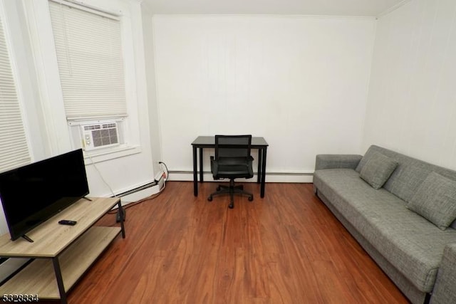 office with hardwood / wood-style floors, cooling unit, and ornamental molding