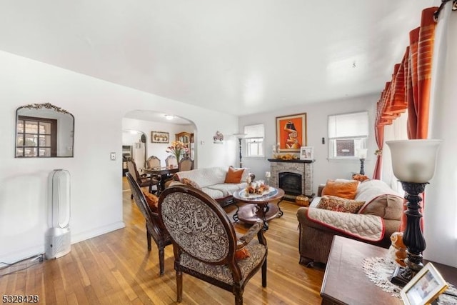 living room featuring a fireplace and light hardwood / wood-style floors