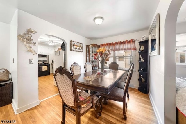 dining area featuring light hardwood / wood-style floors and ceiling fan