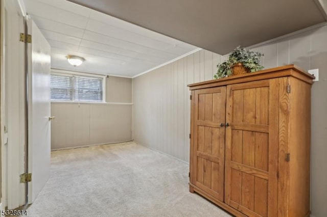 interior space with light colored carpet and crown molding