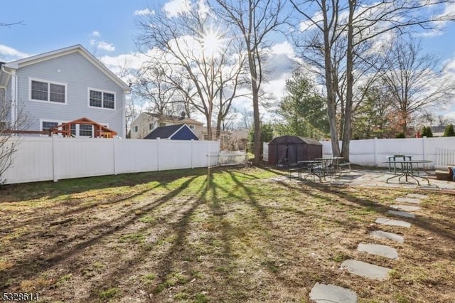 view of yard featuring a patio and a storage unit