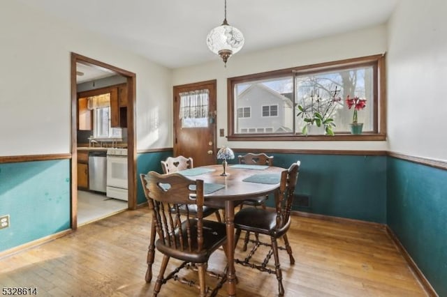 dining space with light hardwood / wood-style floors