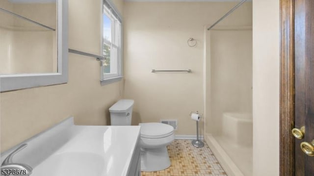 bathroom with a shower, vanity, and toilet