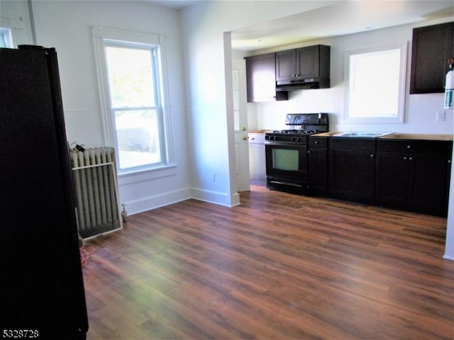 kitchen with radiator heating unit, gas stove, dark hardwood / wood-style flooring, and dark brown cabinetry