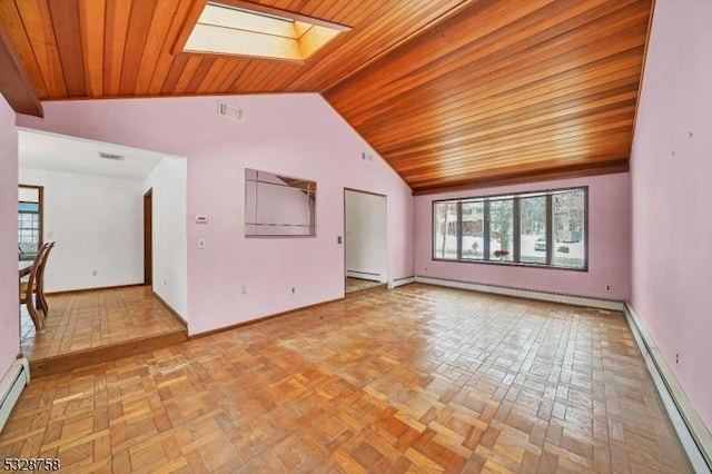 unfurnished living room featuring baseboard heating, wooden ceiling, and vaulted ceiling with skylight