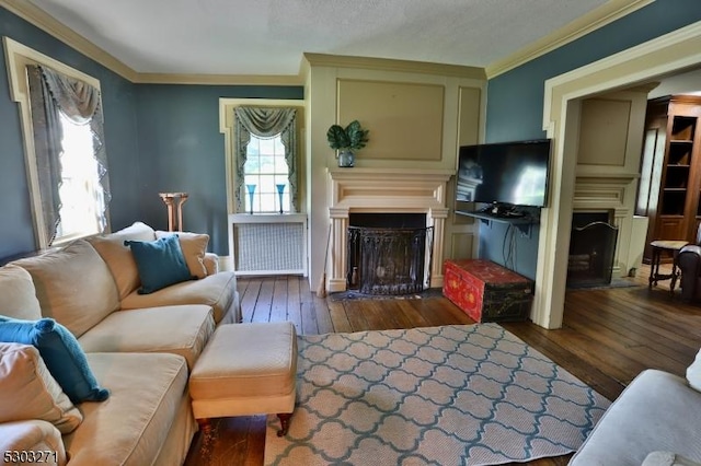 living room featuring crown molding, radiator heating unit, and dark hardwood / wood-style floors