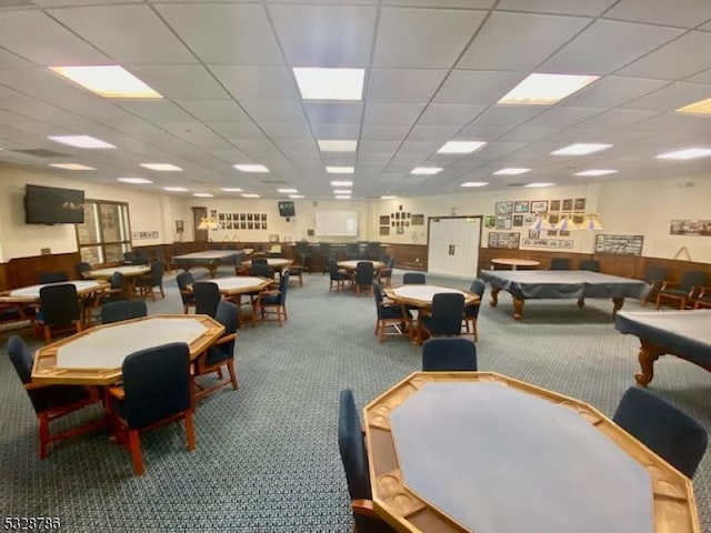 playroom featuring carpet flooring, a paneled ceiling, and billiards