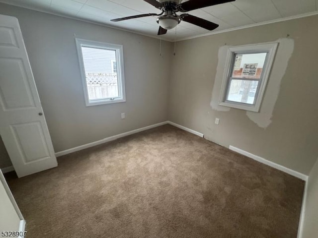 carpeted spare room featuring ceiling fan and ornamental molding