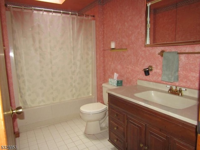 full bathroom featuring tile patterned flooring, shower / bath combination with curtain, toilet, and vanity