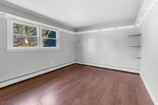 spare room featuring electric panel, dark hardwood / wood-style floors, and baseboard heating