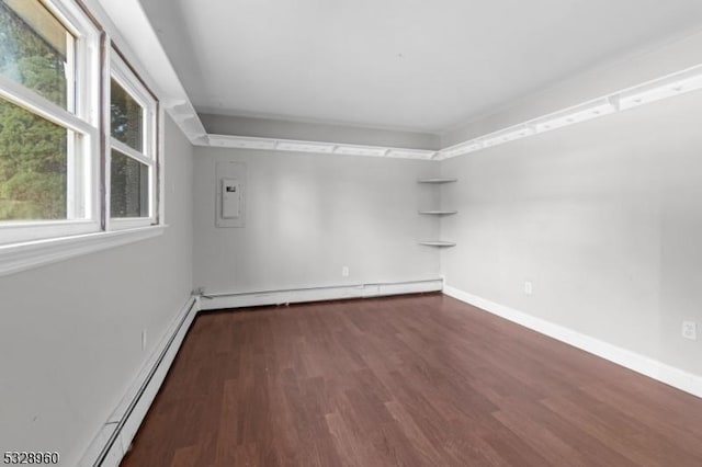 unfurnished room featuring dark hardwood / wood-style floors and a baseboard heating unit