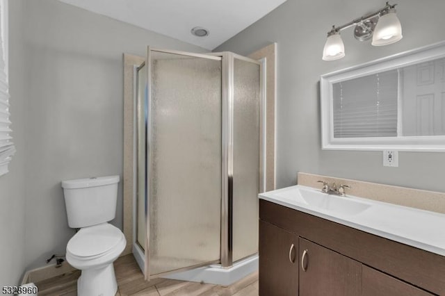 bathroom with wood-type flooring, vanity, toilet, and an enclosed shower