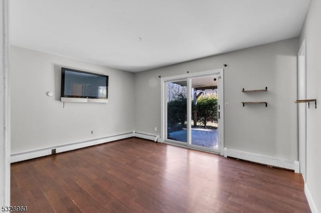 empty room with dark hardwood / wood-style flooring and a baseboard radiator