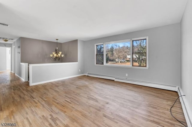 unfurnished room featuring light hardwood / wood-style flooring, a chandelier, and a baseboard radiator