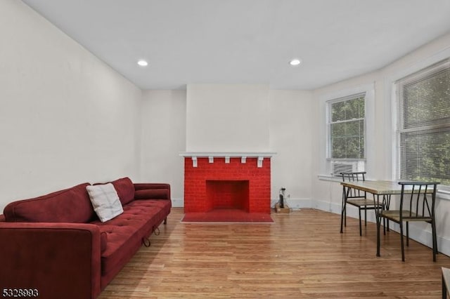 living room featuring a fireplace and light wood-type flooring