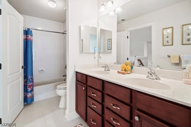 full bathroom featuring toilet, shower / bath combo, vanity, and tile patterned floors