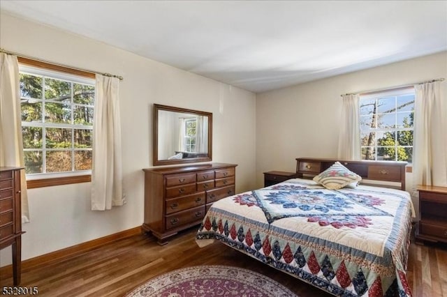 bedroom featuring multiple windows and dark hardwood / wood-style flooring