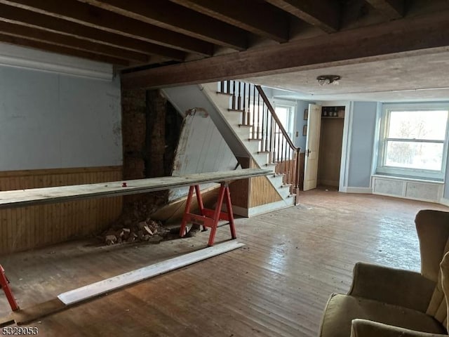 basement with hardwood / wood-style flooring