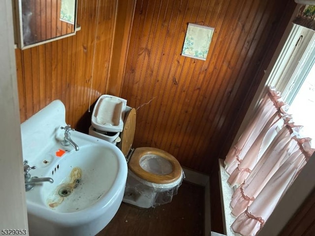 bathroom featuring wood walls, sink, and toilet