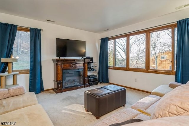 living room with light colored carpet