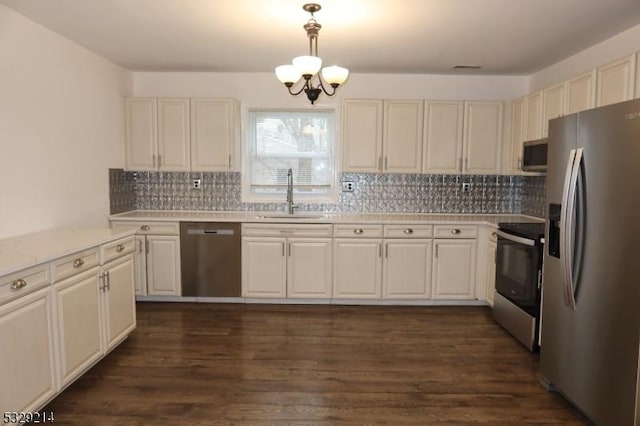 kitchen featuring tasteful backsplash, stainless steel appliances, sink, pendant lighting, and dark hardwood / wood-style floors