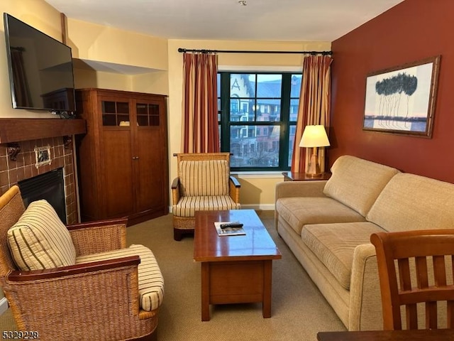 200 State Rt 94 Unit 338, Vernon Twp, NJ 07462 - living room featuring light colored carpet and a tile fireplace