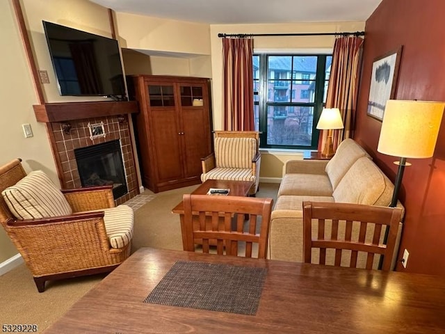200 State Rt 94 Unit 338, Vernon Twp, NJ 07462 - living room with light colored carpet and a tile fireplace